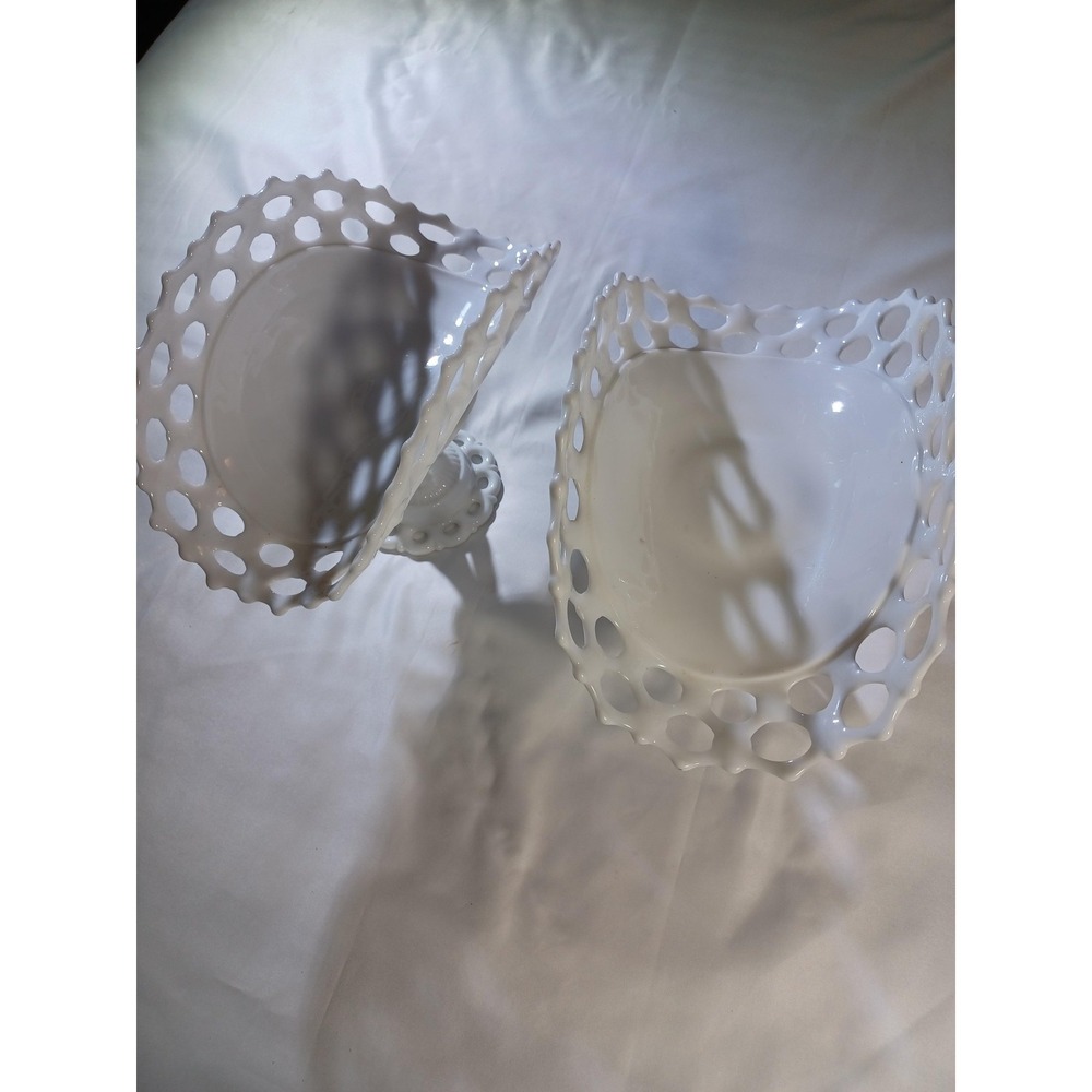 Unmarked White Milk Glass Lace Edge Pedestal Centerpiece Bowls Set 2 Oval Decor